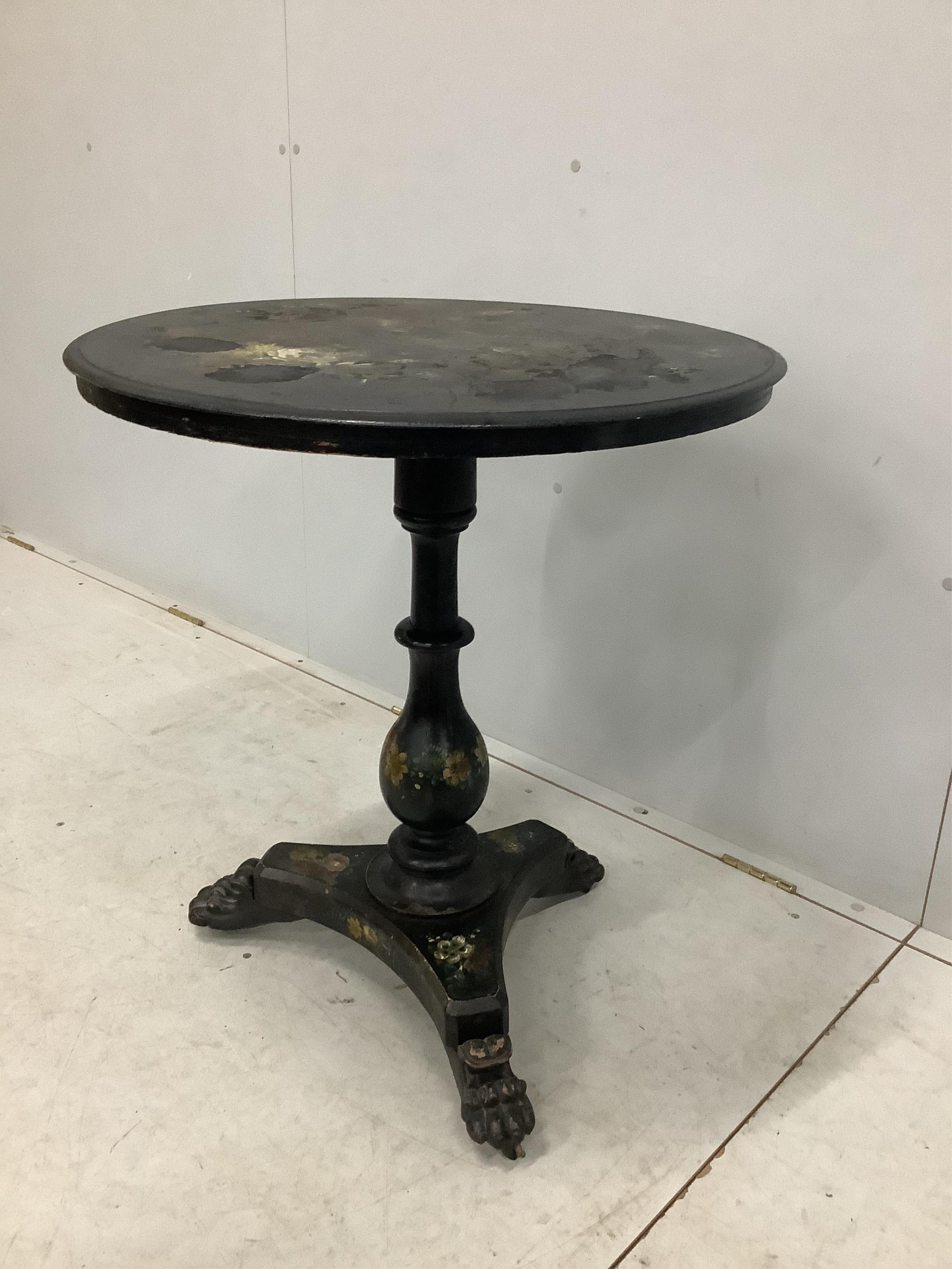 A Victorian painted and mother of pearl inlaid circular tilt top tea table, diameter 66cm, height 75cm. Condition - poor